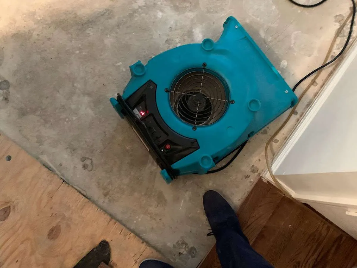 Air mover drying subfloor during Leak Detection & Repair in Pace